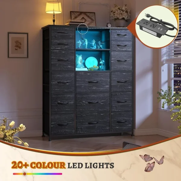 Tall Dresser with 15 Drawers Dresser for Bedroom with Charging Station & LED Lights & Hutch Sturdy Black Bedroom Dressers - Image 5