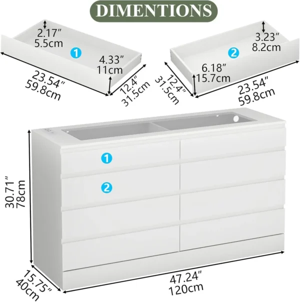 White Dresser for Bedroom Chest of Drawer with Glass Top Modern Double Wide Drawer Organizer Cabinet for Living Room (White) - Image 2