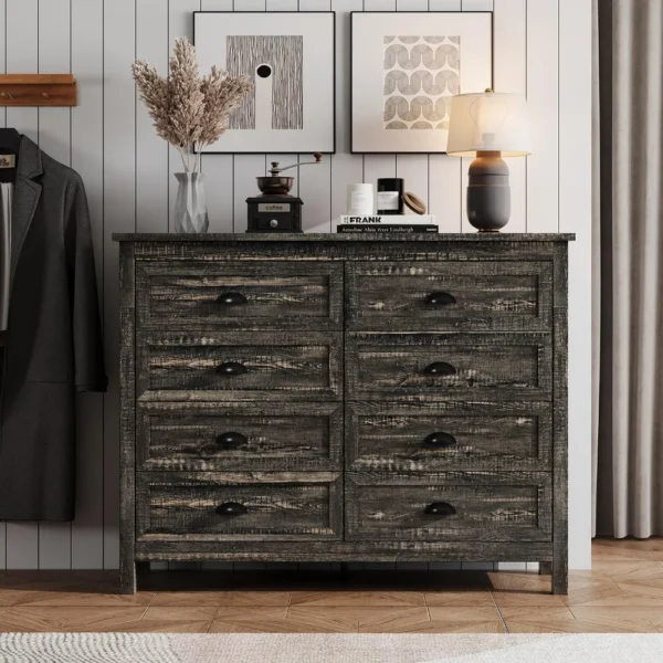 Rustic Dresser for Bedroom, Modern Farmhouse Wood Dresser with Vintage Black Antique Handle, Double Dresser and Chest - Image 3