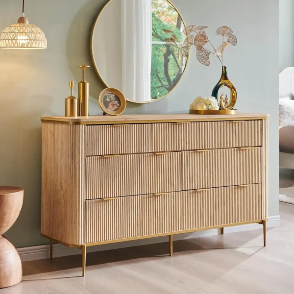 7 Drawers Dresser for Bedroom, 54" Wide Modern Dresser TV Stand, Gold Accents, Fluted Fronts, Wood Storage Makeup Vanities