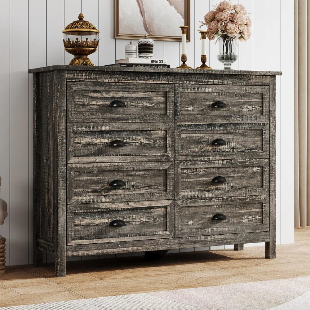 Rustic Dresser for Bedroom, Modern Farmhouse Wood Dresser with Vintage Black Antique Handle, Double Dresser and Chest