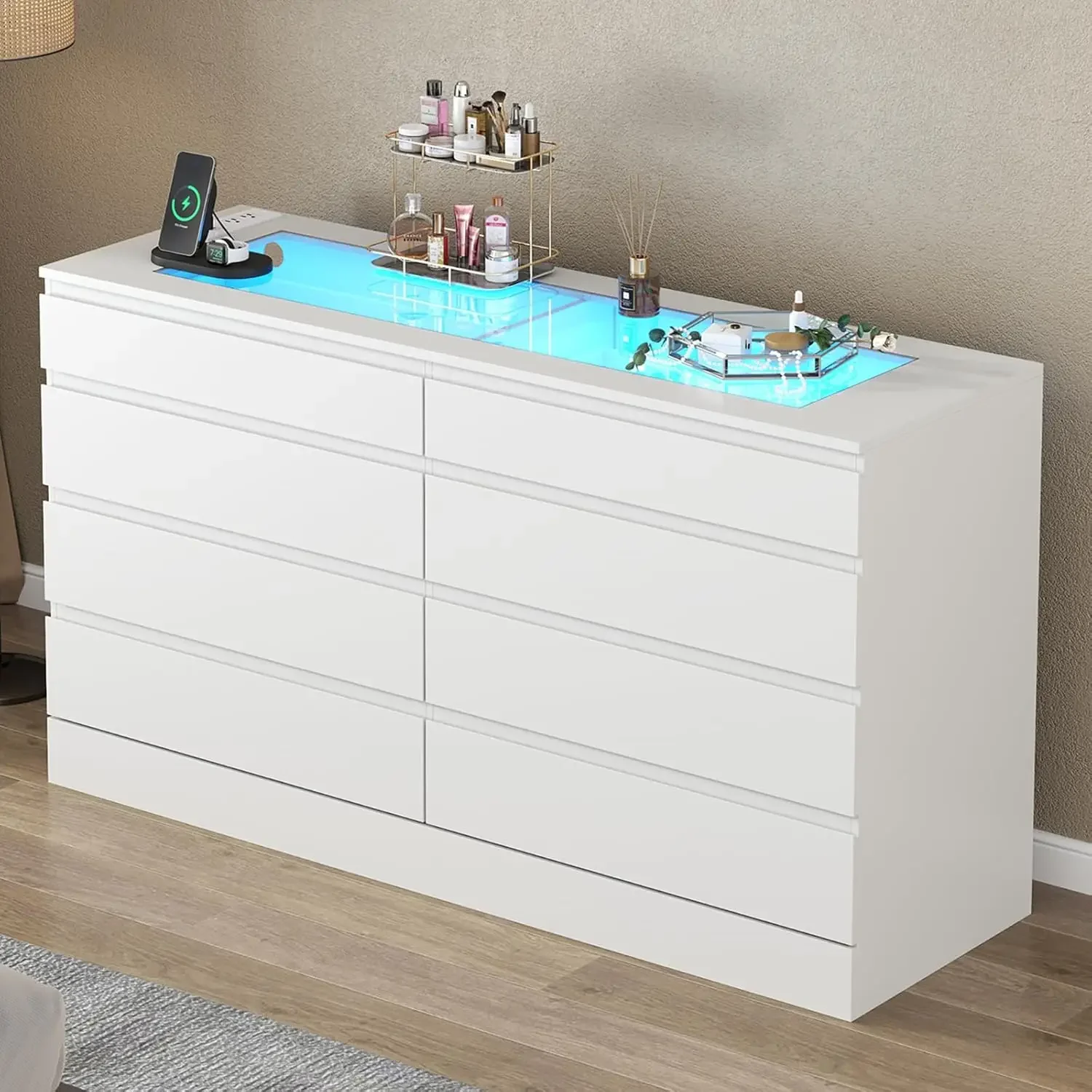 White Dresser for Bedroom Chest of Drawer with Glass Top Modern Double Wide Drawer Organizer Cabinet for Living Room (White)