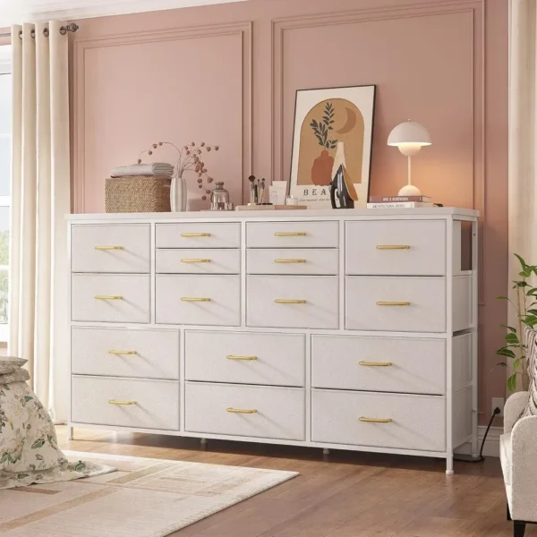 Dresser TV Stand with Power Outlet & USB White Dresser for Bedroom with 16 Drawers TV Stands for Living Room TV
