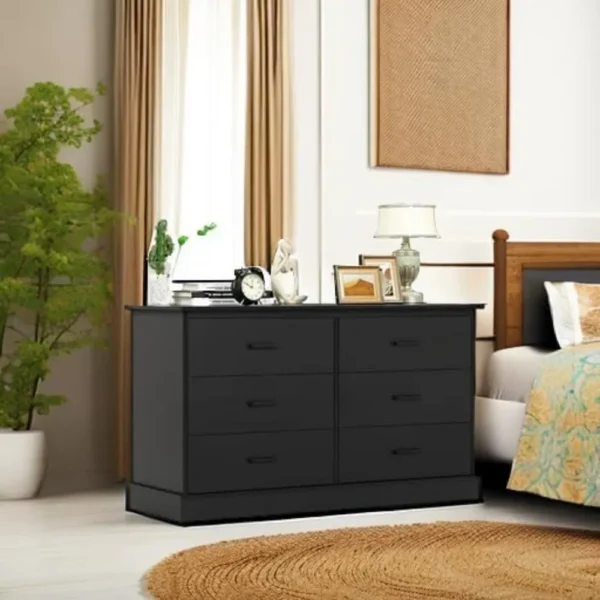Black 6 Drawer Double Dresser for Bedroom, Wood Storage Tower Clothes Organizer, Wide Chest of 6 Drawers, Hallway, Entryway - Image 6