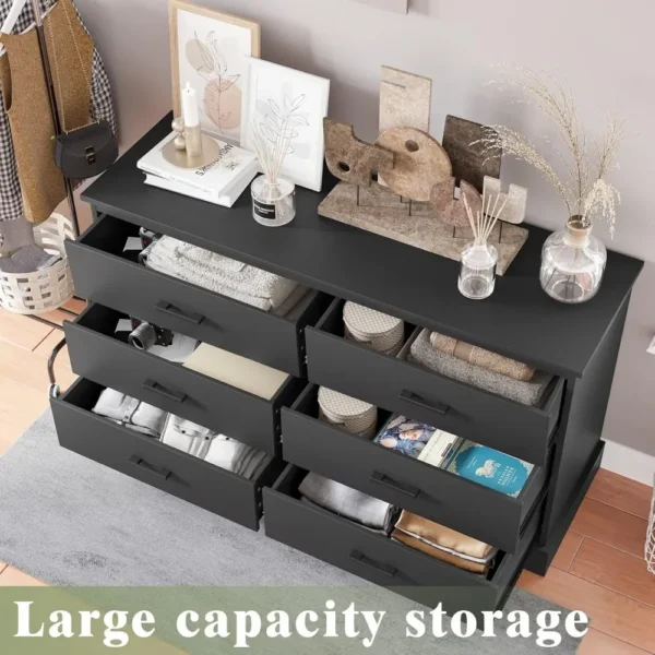 Black 6 Drawer Double Dresser for Bedroom, Wood Storage Tower Clothes Organizer, Wide Chest of 6 Drawers, Hallway, Entryway - Image 3