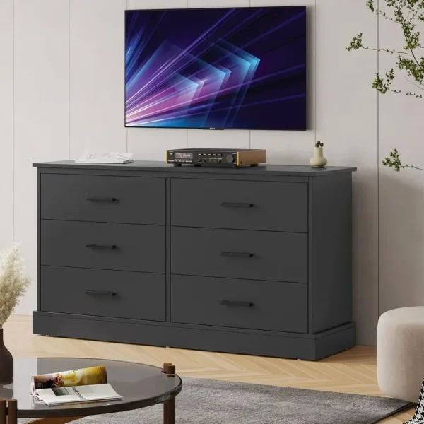 Black 6 Drawer Double Dresser for Bedroom, Wood Storage Tower Clothes Organizer, Wide Chest of 6 Drawers, Hallway, Entryway - Image 5