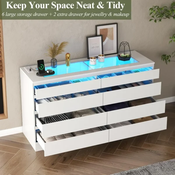 White Dresser for Bedroom Chest of Drawer with Glass Top Modern Double Wide Drawer Organizer Cabinet for Living Room (White) - Image 5