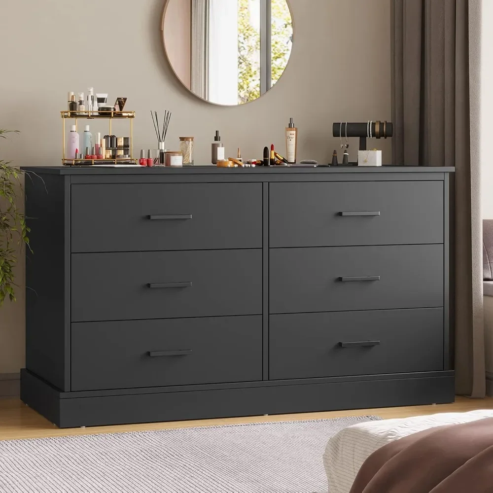Black 6 Drawer Double Dresser for Bedroom, Wood Storage Tower Clothes Organizer, Wide Chest of 6 Drawers, Hallway, Entryway